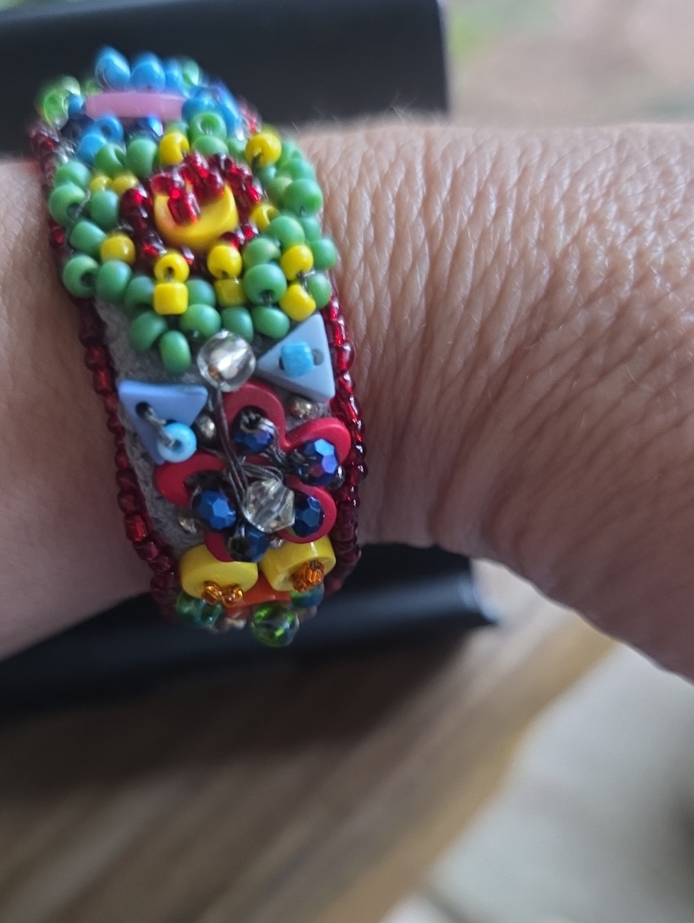 Handmade Colorful Beaded Bracelet Adult Adjustable Multicolor Boho Upcycle Cuff - Picture 4 of 5